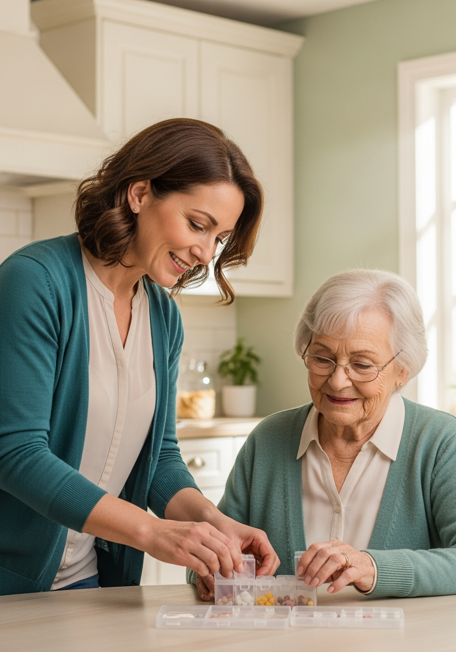 Daughter helping mother organize medications